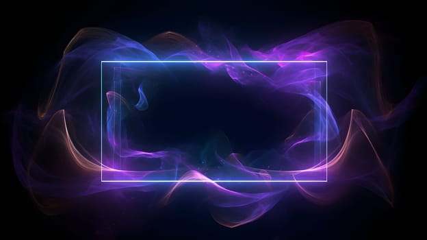 empty frame on black background with neon lights and purple fumes. Neural network generated in May 2023. Not based on any actual scene or pattern.