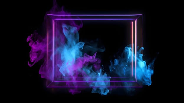 empty frame on black background with neon lights and purple fumes. Neural network generated in May 2023. Not based on any actual scene or pattern.