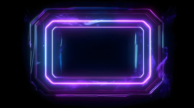 empty frame on black background with neon lights and purple fumes. Neural network generated in May 2023. Not based on any actual scene or pattern.
