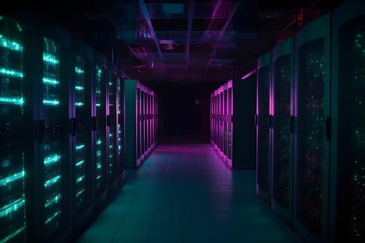 data center with multiple rows of fully operational servers in cyan-purple colors. Neural network generated in May 2023. Not based on any actual scene or pattern.