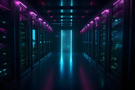 data center with multiple rows of fully operational servers in cyan-purple colors. Neural network generated in May 2023. Not based on any actual scene or pattern.