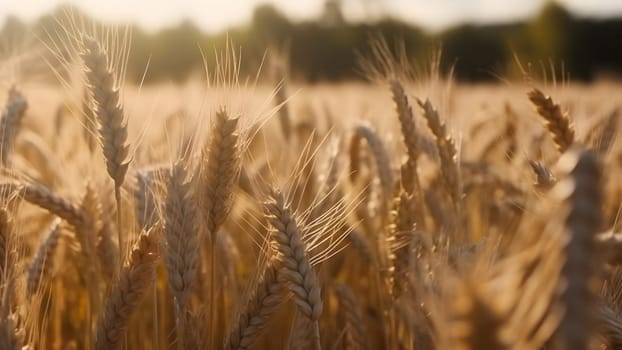 Spikes of ripe wheat at sunny day, close-up with selective focus. Neural network generated in May 2023. Not based on any actual person, scene or pattern.