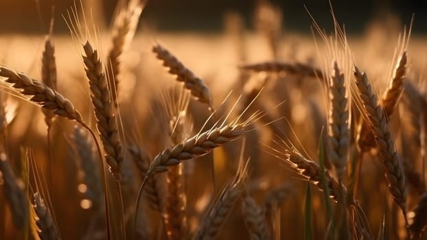 Spikes of ripe wheat at sunny day, close-up with selective focus. Neural network generated in May 2023. Not based on any actual person, scene or pattern.