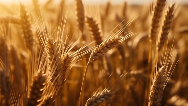 Spikes of ripe wheat at sunny day, close-up with selective focus. Neural network generated in May 2023. Not based on any actual person, scene or pattern.