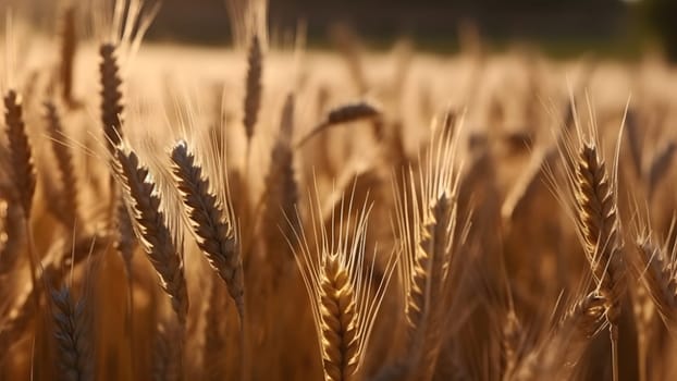 Spikes of ripe wheat at sunny day, close-up with selective focus. Neural network generated in May 2023. Not based on any actual person, scene or pattern.