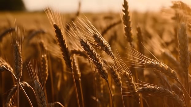 Spikes of ripe wheat at sunny day, close-up with selective focus. Neural network generated in May 2023. Not based on any actual person, scene or pattern.