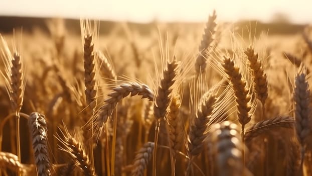 Spikes of ripe wheat at sunny day, close-up with selective focus. Neural network generated in May 2023. Not based on any actual person, scene or pattern.