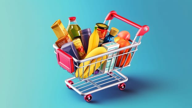 toy supermarket cart filled with products on blue background. Neural network generated in May 2023. Not based on any actual person, scene or pattern.