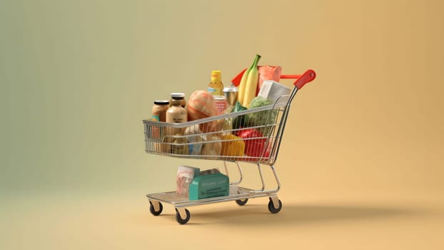 toy supermarket cart filled with products on yellow background. Neural network generated in May 2023. Not based on any actual person, scene or pattern.