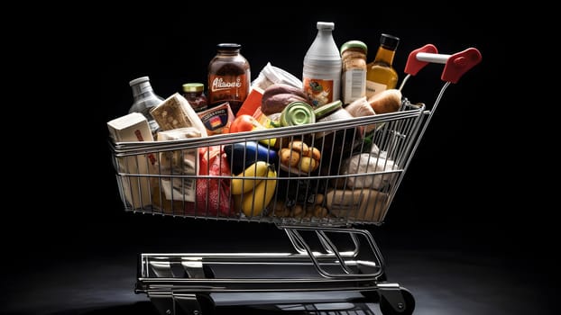 supermarket cart filled with products on black background. Neural network generated in May 2023. Not based on any actual person, scene or pattern.