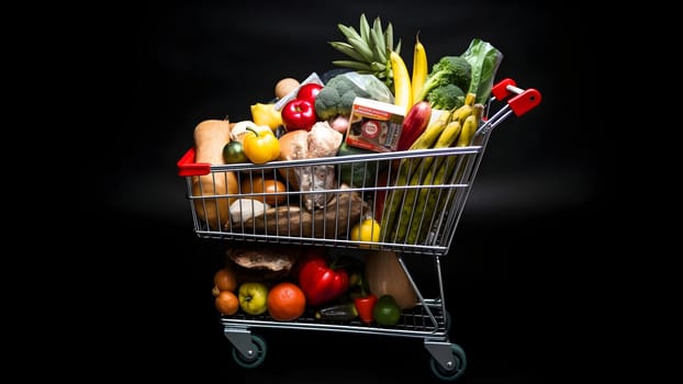 supermarket cart filled with products on black background. Neural network generated in May 2023. Not based on any actual person, scene or pattern.