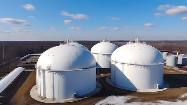 white spherical tanks for storing hydrogen gas at outdoor storage facility. Neural network generated in May 2023. Not based on any actual person, scene or pattern.