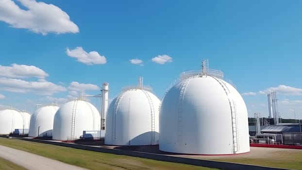 white spherical tanks for storing hydrogen gas at outdoor storage facility. Neural network generated in May 2023. Not based on any actual person, scene or pattern.