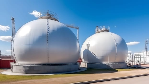 white spherical tanks for storing hydrogen gas at outdoor storage facility. Neural network generated in May 2023. Not based on any actual person, scene or pattern.