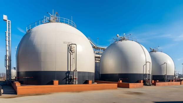 white spherical tanks for storing hydrogen gas at outdoor storage facility. Neural network generated in May 2023. Not based on any actual person, scene or pattern.