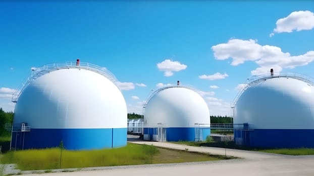 white spherical tanks for storing hydrogen gas at outdoor storage facility. Neural network generated in May 2023. Not based on any actual person, scene or pattern.