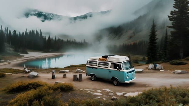 Amazing retro camper in foggy summer mountains morning near lake. Neural network generated in May 2023. Not based on any actual person, scene or pattern.