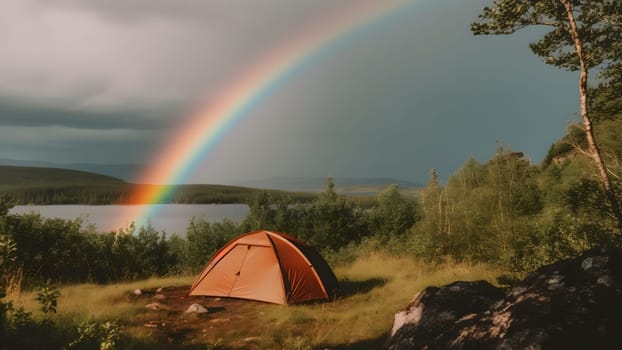 summer camping site with one orange tent near summer lake and a rainbow in the sky. Neural network generated in May 2023. Not based on any actual person, scene or pattern.