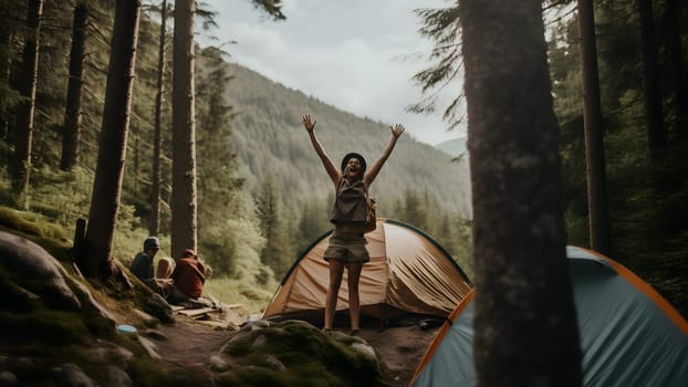 happy day at summer camping - woman rised hands near tent at pine forest edge. Neural network generated in May 2023. Not based on any actual person, scene or pattern.