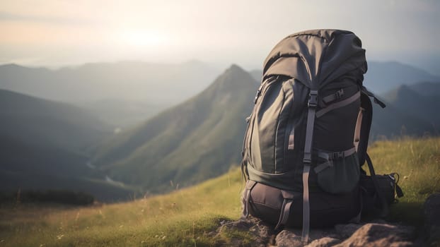 Big hiking and trekking backpack with blurred mountains in the background. Neural network generated in May 2023. Not based on any actual person, scene or pattern.