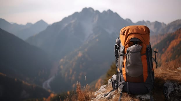 Big hiking and trekking backpack with blurred mountains in the background. Neural network generated in May 2023. Not based on any actual person, scene or pattern.