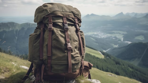 Big hiking and trekking backpack with blurred mountains in the background. Neural network generated in May 2023. Not based on any actual person, scene or pattern.