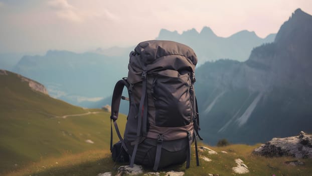 Big hiking and trekking backpack with blurred mountains in the background. Neural network generated in May 2023. Not based on any actual person, scene or pattern.