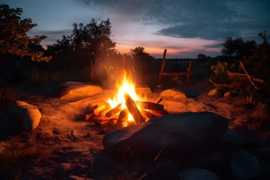 Night campfire at night near summer lake. Neural network generated in May 2023. Not based on any actual person, scene or pattern.