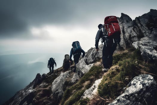 Hikers climbing on mountain. Help, risk and support concept.. Neural network generated in May 2023. Not based on any actual person, scene or pattern.