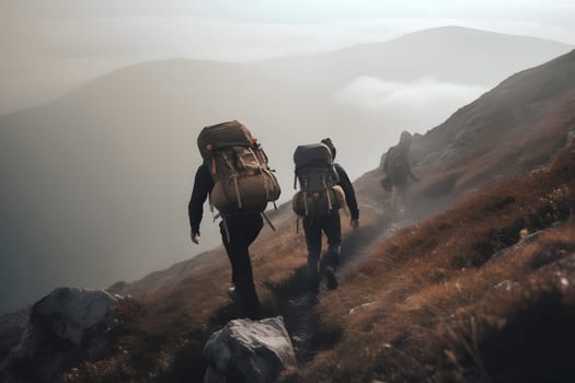 Hikers climbing on mountain. Help, risk and support concept.. Neural network generated in May 2023. Not based on any actual person, scene or pattern.