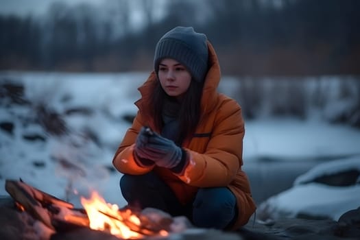 young caucasian woman warms hands near small bonfire at winter wilderness evening. Neural network generated in May 2023. Not based on any actual person, scene or pattern.