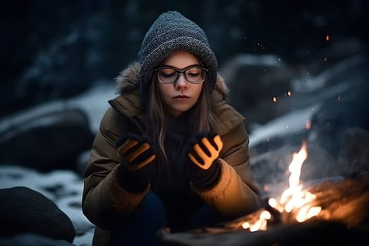 young caucasian woman warms hands near small bonfire at winter wilderness evening. Neural network generated in May 2023. Not based on any actual person, scene or pattern.