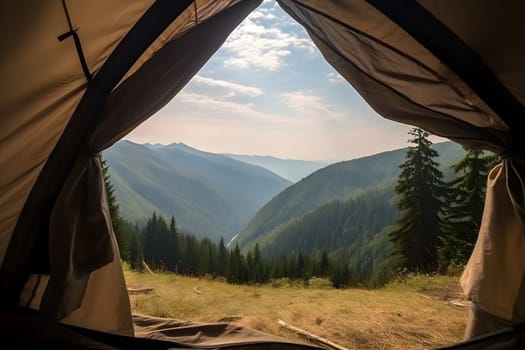 View from tourist tent to the mountain valley at sunny summer morning. Neural network generated in May 2023. Not based on any actual person, scene or pattern.