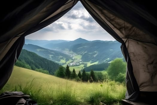 View from tourist tent to the mountain valley at sunny summer morning. Neural network generated in May 2023. Not based on any actual person, scene or pattern.