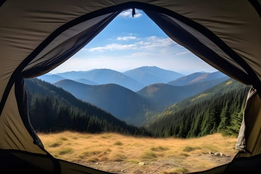 View from tourist tent to the mountain valley at sunny summer morning. Neural network generated in May 2023. Not based on any actual person, scene or pattern.