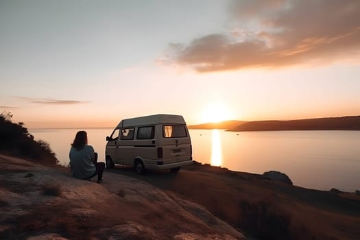 young adult woman sits on a hill above the sea next to her travel minivan vehicle at sunset. Neural network generated in May 2023. Not based on any actual person, scene or pattern.