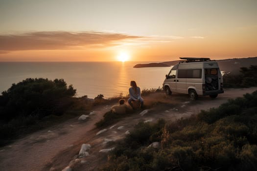 young couple sits on a hill above the sea next to their travel minivan vehicle at sunset. Neural network generated in May 2023. Not based on any actual person, scene or pattern.