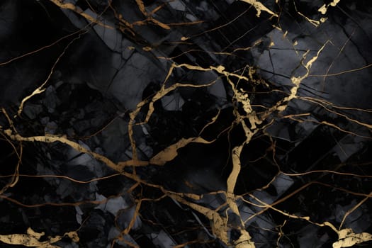 seamless black marble texture with golden veins. Neural network generated in May 2023. Not based on any actual person, scene or pattern.
