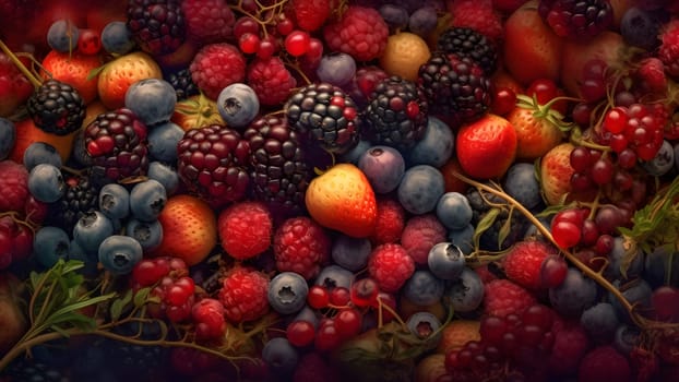 Berry mix photorealistic colorful full-frame closeup high angle view background. Neural network generated in May 2023. Not based on any actual person, scene or pattern.