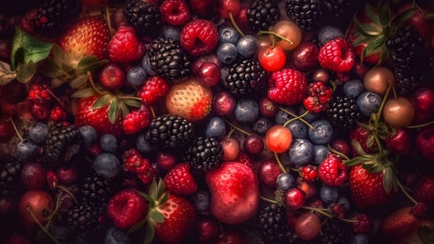 Berry mix photorealistic colorful full-frame closeup high angle view background. Neural network generated in May 2023. Not based on any actual person, scene or pattern.