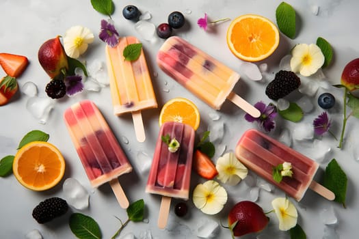 ice cream popsicles with fruits and ice cube on flat surface, high angle view. Neural network generated in May 2023. Not based on any actual person, scene or pattern.