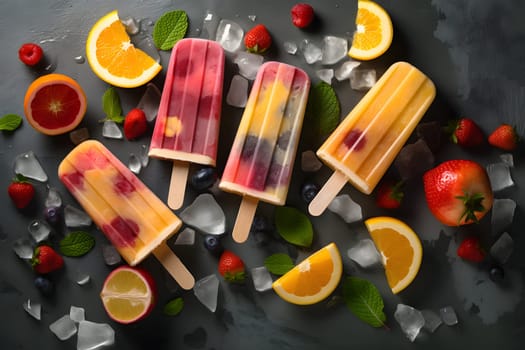 ice cream popsicles with fruits and ice cube on flat surface, high angle view. Neural network generated in May 2023. Not based on any actual person, scene or pattern.