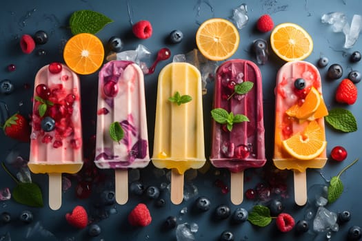 ice cream popsicles with fruits and ice cube on flat surface, high angle view. Neural network generated in May 2023. Not based on any actual person, scene or pattern.