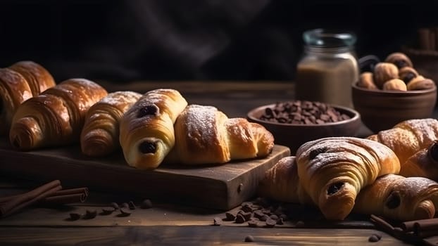 Freshly baked sweet croissant puff pastry buns with chocolate on wooden board. Neural network generated in May 2023. Not based on any actual scene or pattern.