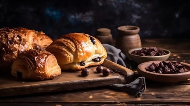 Freshly baked sweet croissant puff pastry buns with chocolate on wooden board. Neural network generated in May 2023. Not based on any actual scene or pattern.