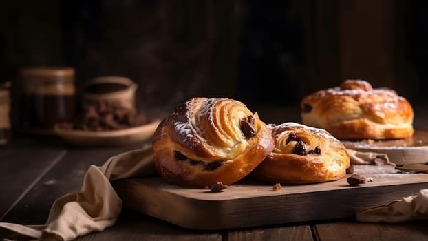 Freshly baked sweet croissant puff pastry buns with chocolate on wooden board. Neural network generated in May 2023. Not based on any actual scene or pattern.