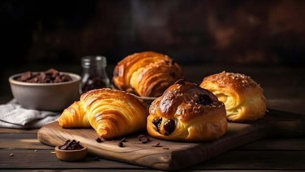 Freshly baked sweet croissant puff pastry buns with chocolate on wooden board. Neural network generated in May 2023. Not based on any actual scene or pattern.