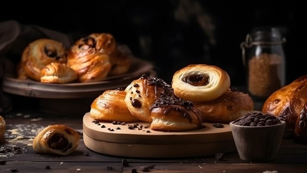 Freshly baked sweet croissant puff pastry buns with chocolate on wooden board. Neural network generated in May 2023. Not based on any actual scene or pattern.