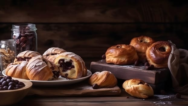 Freshly baked sweet croissant puff pastry buns with chocolate on wooden board. Neural network generated in May 2023. Not based on any actual scene or pattern.