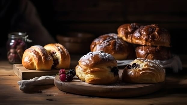 Freshly baked sweet croissant puff pastry buns with chocolate on wooden board. Neural network generated in May 2023. Not based on any actual scene or pattern.